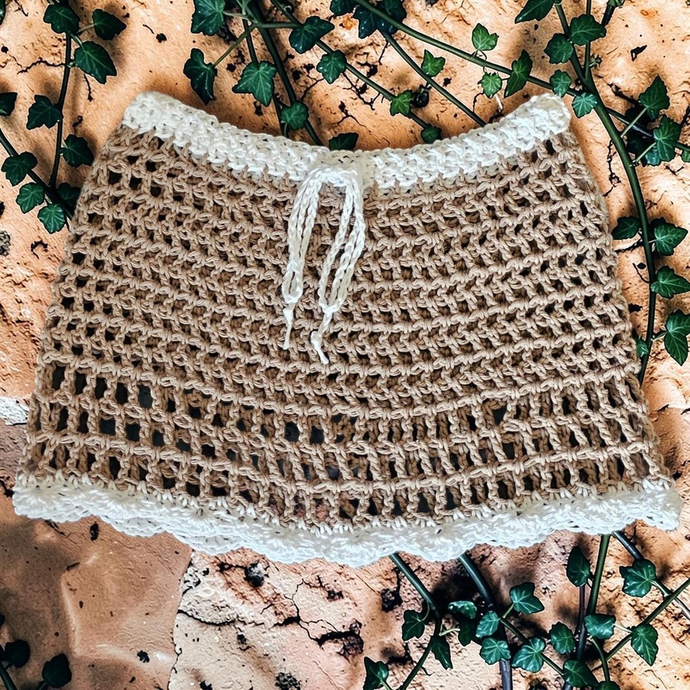 Handmade Crochet Festival Set, Bell Sleeve Front Tie Shrug & Mini Skirt, Taupe - Picture 7 of 14